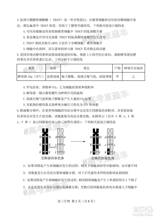 天津市河北区2019-2020学年度高三年级总复习质量检测一生物试题及答案