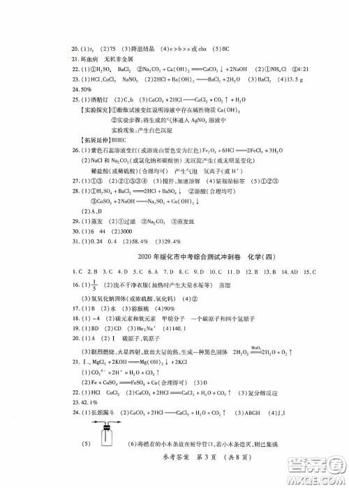 黑龙江少年儿童出版社2020创新与探究中考综合测试卷冲刺篇化学绥化专用答案