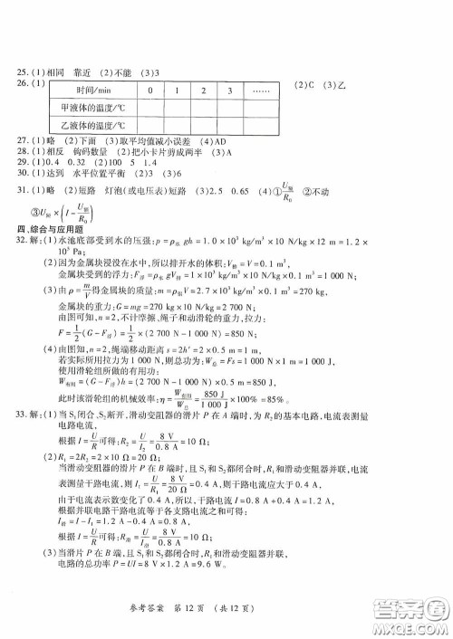 黑龙江少年儿童出版社2020创新与探究中考综合测试卷冲刺篇物理绥化专用答案