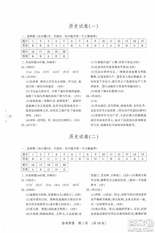 2020年长春市中考综合学习评价与检测历史答案