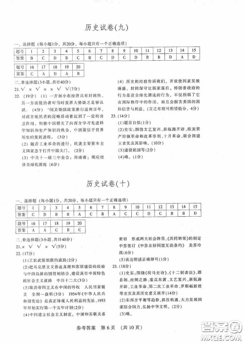 2020年长春市中考综合学习评价与检测历史答案