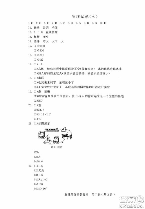 2020年长春市中考综合学习评价与检测物理答案