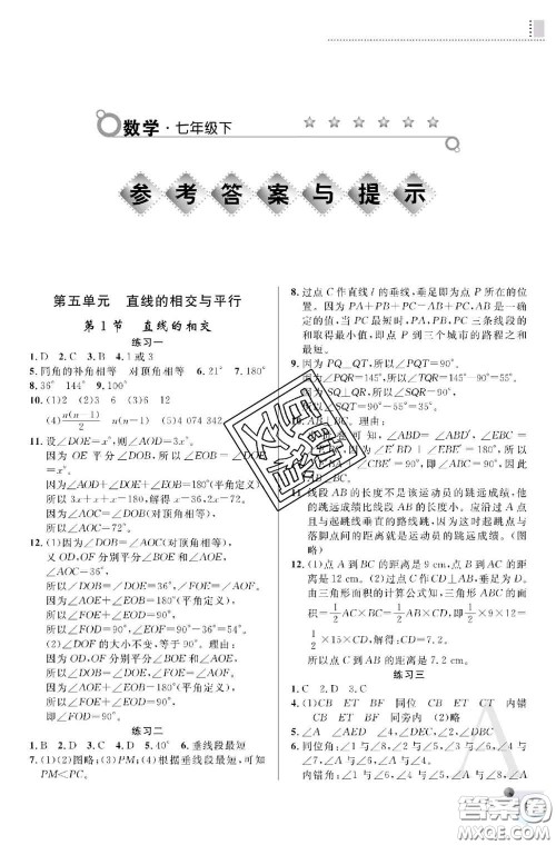 陕西师范大学出版社2020春课堂练习册七年级数学下册A版答案