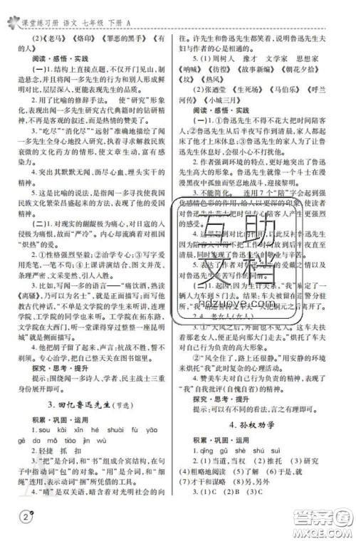 陕西师范大学出版社2020春课堂练习册七年级语文下册A版答案