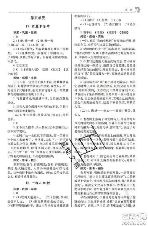 陕西师范大学出版社2020春课堂练习册七年级语文下册A版答案 陕西师范大学出版社2020春课堂练习册七年级语文下册A版答案