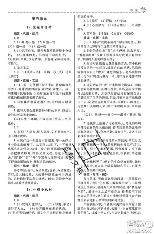 陕西师范大学出版社2020春课堂练习册七年级语文下册A版答案