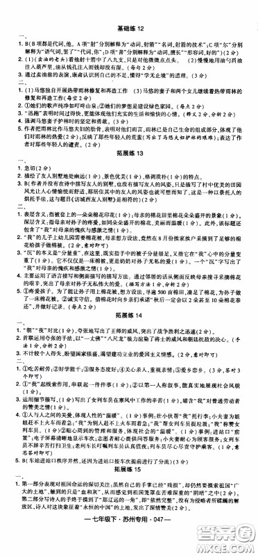 经纶学典2020年学霸组合训练语文七年级下册苏州专用参考答案
