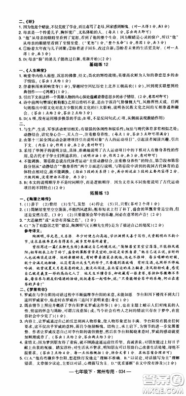 经纶学典2020年学霸组合训练语文七年级下册常州专用参考答案