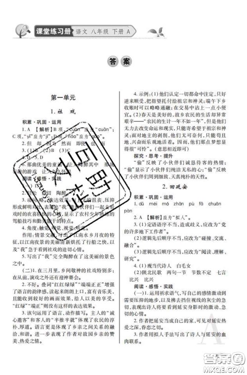 陕西师范大学出版社2020春课堂练习册八年级语文下册A版答案