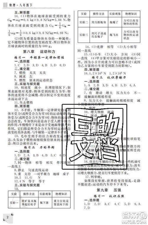 陕西师范大学出版社2020春课堂练习册八年级物理下册A版答案