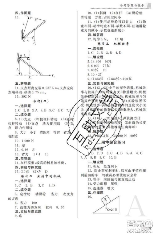 陕西师范大学出版社2020春课堂练习册八年级物理下册A版答案