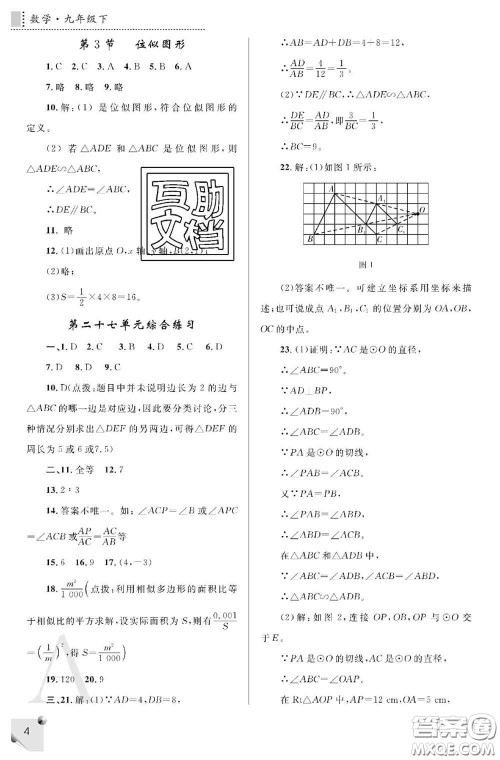 陕西师范大学出版社2020春课堂练习册九年级数学下册A版答案