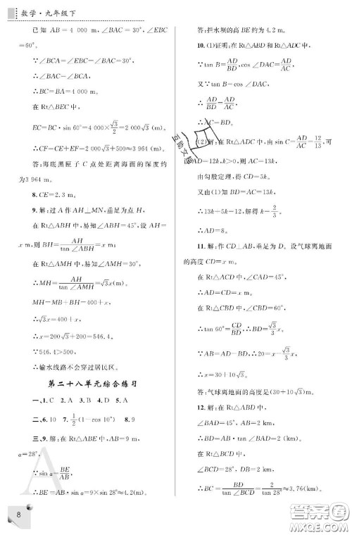 陕西师范大学出版社2020春课堂练习册九年级数学下册A版答案