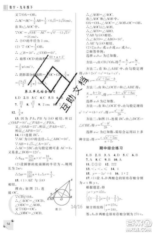 陕西师范大学出版社2020春课堂练习册九年级数学下册C版答案