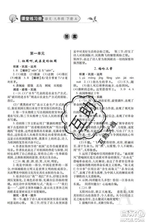 陕西师范大学出版社2020春课堂练习册九年级语文下册A版答案 陕西师范大学出版社2020春课堂练习册九年级语文下册A版答案