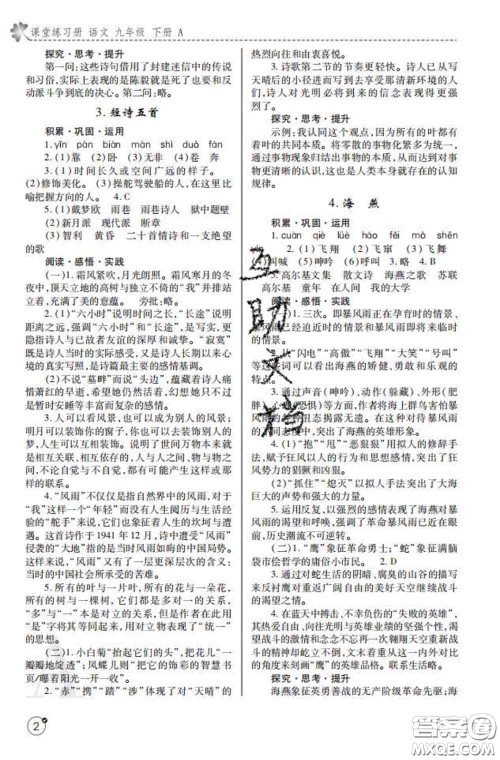 陕西师范大学出版社2020春课堂练习册九年级语文下册A版答案 陕西师范大学出版社2020春课堂练习册九年级语文下册A版答案