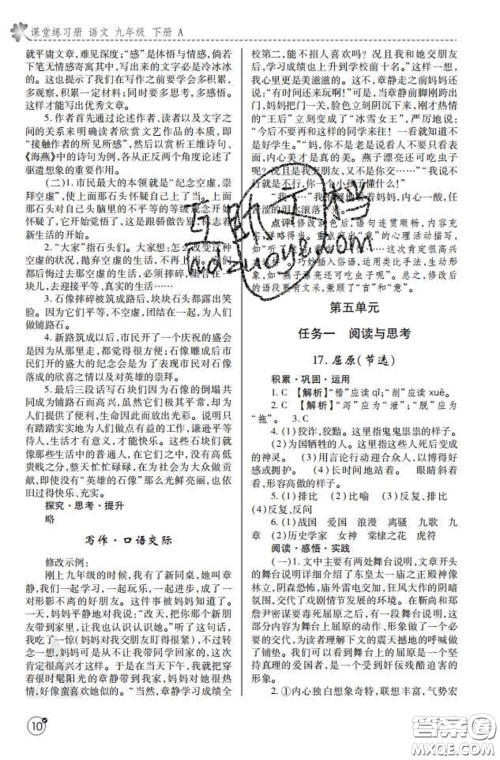 陕西师范大学出版社2020春课堂练习册九年级语文下册A版答案