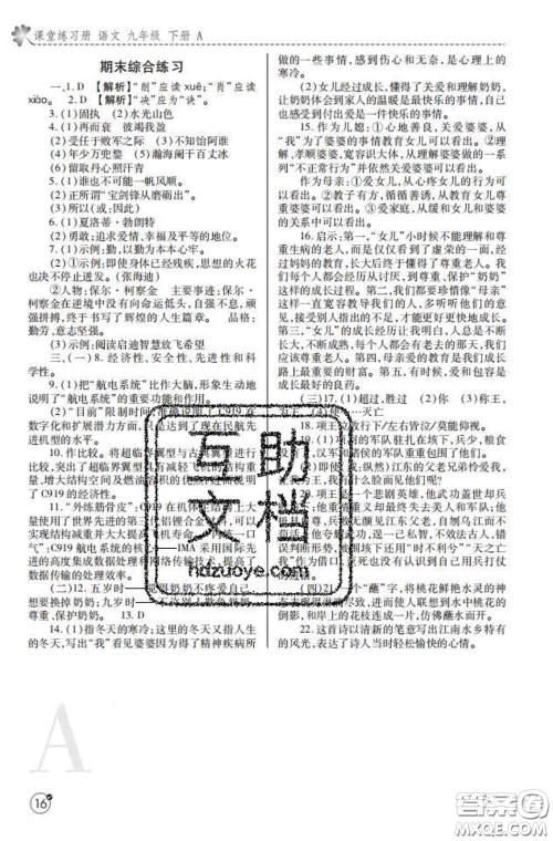 陕西师范大学出版社2020春课堂练习册九年级语文下册A版答案 陕西师范大学出版社2020春课堂练习册九年级语文下册A版答案