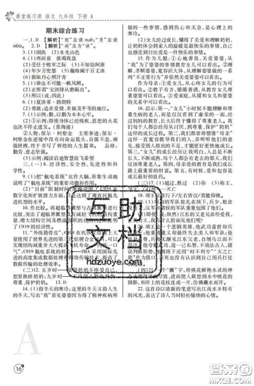 陕西师范大学出版社2020春课堂练习册九年级语文下册A版答案