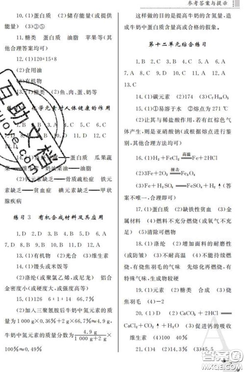 陕西师范大学出版社2020春课堂练习册九年级化学下册A版答案