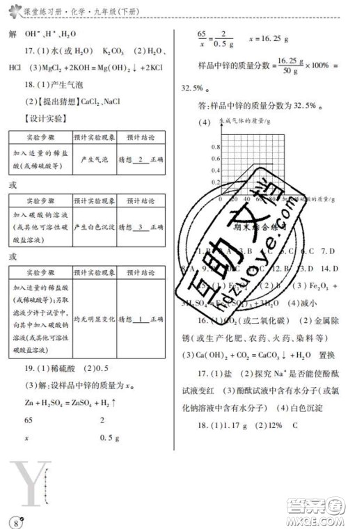 陕西师范大学出版社2020春课堂练习册九年级化学下册Y版答案