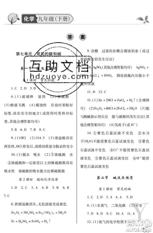 陕西师范大学出版社2020春课堂练习册九年级化学下册Y版答案