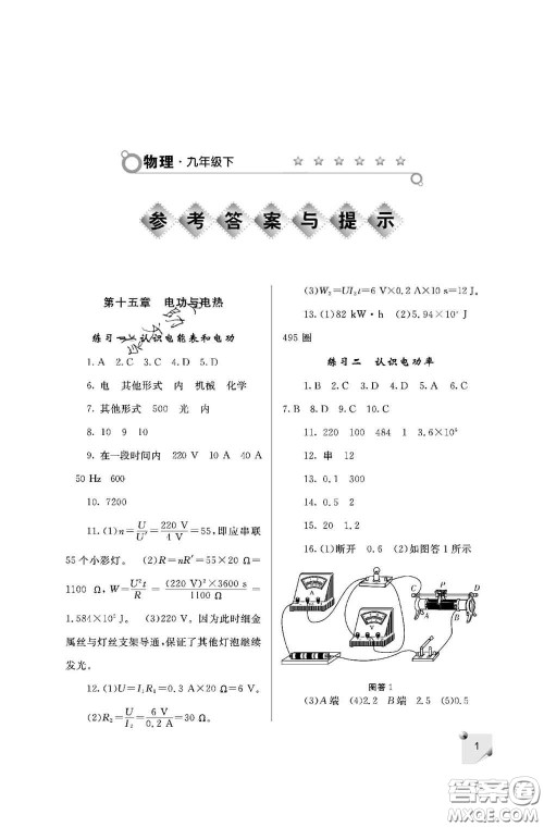 陕西师范大学出版社2020春课堂练习册九年级物理下册D版答案