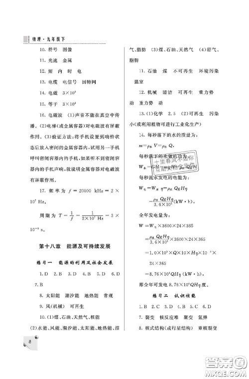 陕西师范大学出版社2020春课堂练习册九年级物理下册D版答案