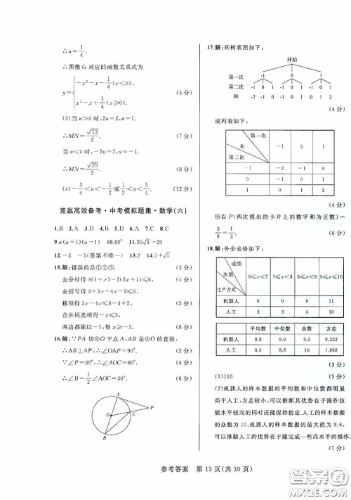 竞赢高效备考2020中考模拟题集数学长春地区适用版答案