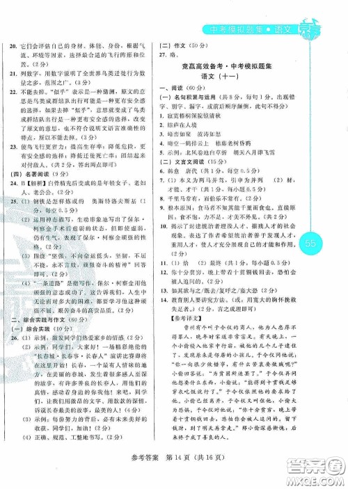 竞赢高效备考2020中考模拟题集语文长春地区适用答案 竞赢高效备考2020中考模拟题集语文长春地区适用答案