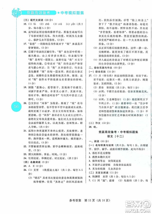 竞赢高效备考2020中考模拟题集语文长春地区适用答案 竞赢高效备考2020中考模拟题集语文长春地区适用答案