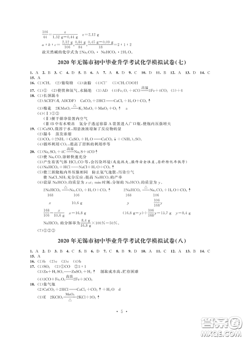 2020解锁中考中考模拟总复习化学答案