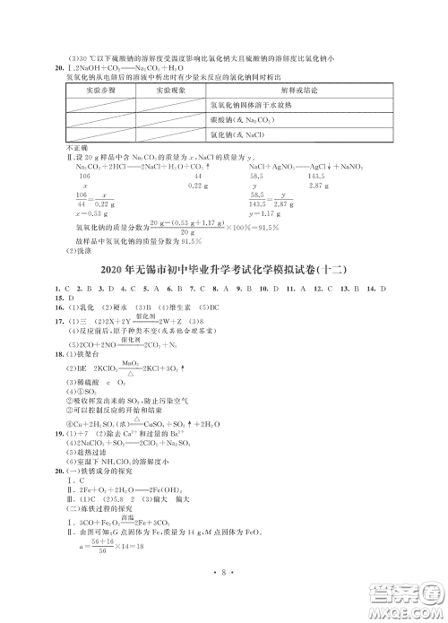 2020解锁中考中考模拟总复习化学答案