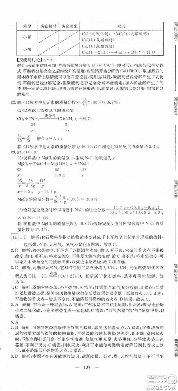 新疆青少年出版社2020黄冈密卷中考总复习化学通用版答案