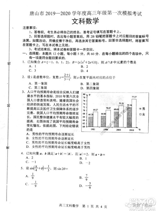 唐山市2019-2020学年度高三年级第一次模拟考试文科数学试题及答案 唐山市2019-2020学年度高三年级第一次模拟考试文科数学试题及答案