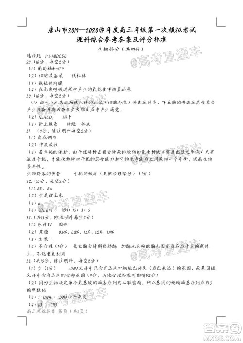 唐山市2019-2020学年度高三年级第一次模拟考试理科综合试题及答案 唐山市2019-2020学年度高三年级第一次模拟考试理科综合试题及答案