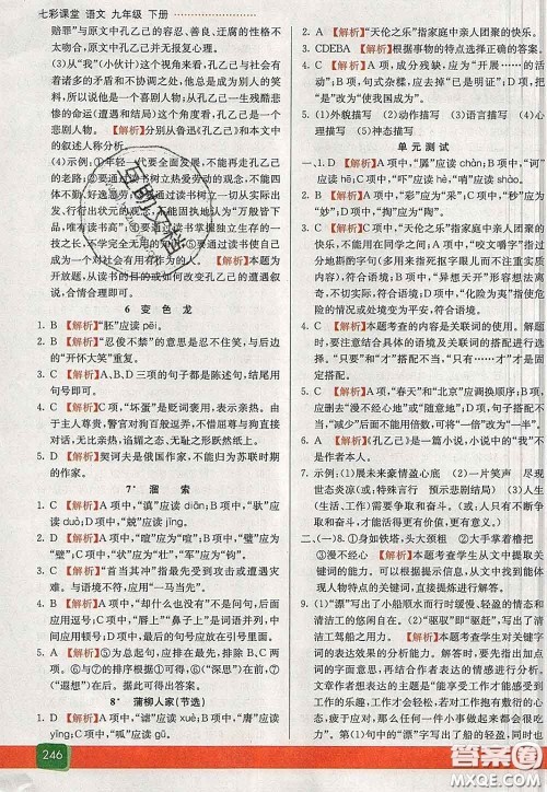 河北教育出版社2020春七彩课堂九年级语文下册人教版答案