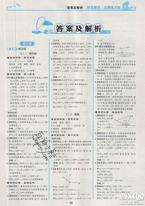 2020新版阳光课堂金牌练习册七年级数学下册人教版答案 2020新版阳光课堂金牌练习册七年级数学下册人教版答案