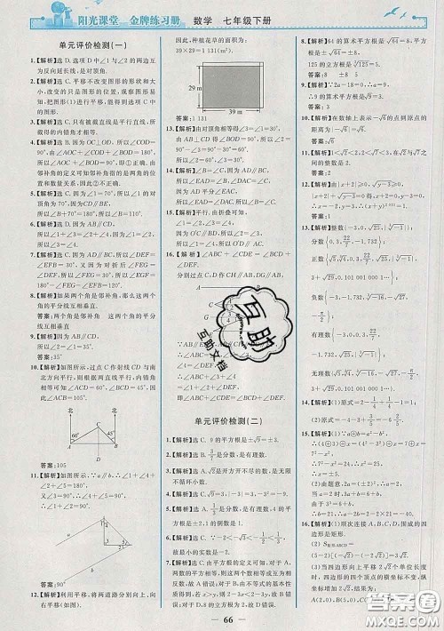 2020新版阳光课堂金牌练习册七年级数学下册人教版答案 2020新版阳光课堂金牌练习册七年级数学下册人教版答案