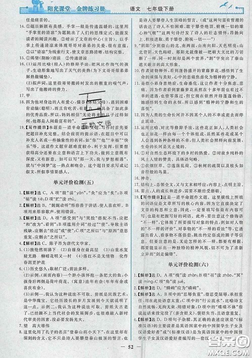 2020新版阳光课堂金牌练习册七年级语文下册人教版答案 2020新版阳光课堂金牌练习册七年级语文下册人教版答案