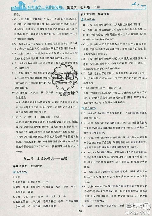 2020新版阳光课堂金牌练习册七年级生物下册人教版答案 2020新版阳光课堂金牌练习册七年级生物下册人教版答案