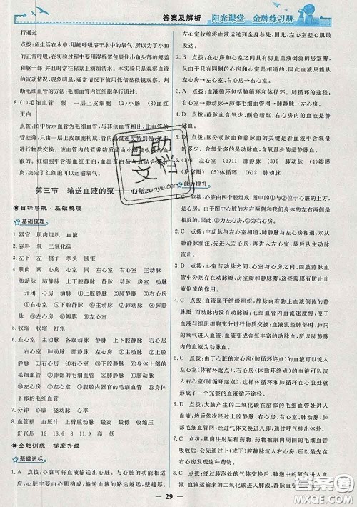 2020新版阳光课堂金牌练习册七年级生物下册人教版答案 2020新版阳光课堂金牌练习册七年级生物下册人教版答案