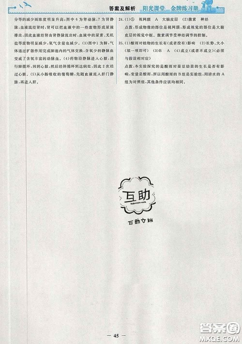 2020新版阳光课堂金牌练习册七年级生物下册人教版答案 2020新版阳光课堂金牌练习册七年级生物下册人教版答案