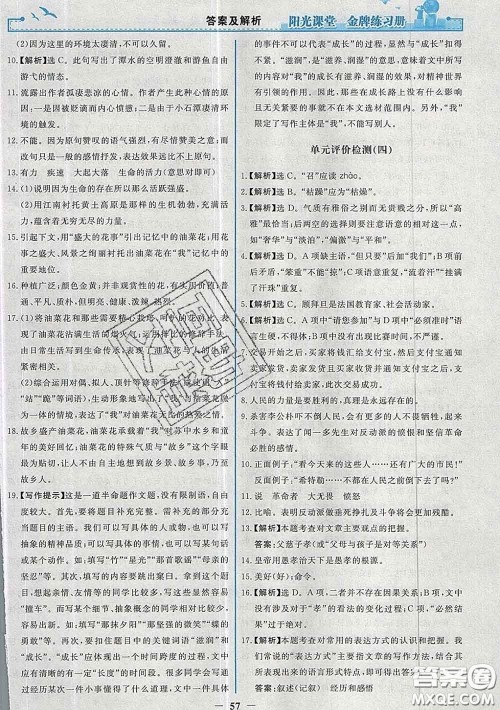2020新版阳光课堂金牌练习册八年级语文下册人教版答案 2020新版阳光课堂金牌练习册八年级语文下册人教版答案