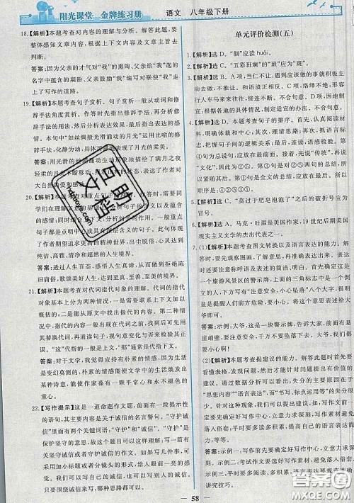2020新版阳光课堂金牌练习册八年级语文下册人教版答案 2020新版阳光课堂金牌练习册八年级语文下册人教版答案