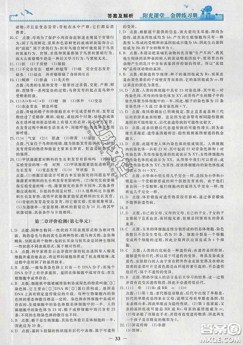 2020新版阳光课堂金牌练习册八年级生物下册人教版答案 2020新版阳光课堂金牌练习册八年级生物下册人教版答案