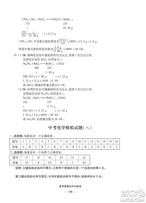 2020一本必胜中考化学模拟试题银版答案 2020一本必胜中考化学模拟试题银版答案