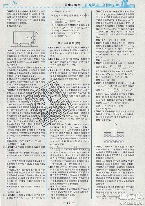 2020新版阳光课堂金牌练习册八年级物理下册人教版答案