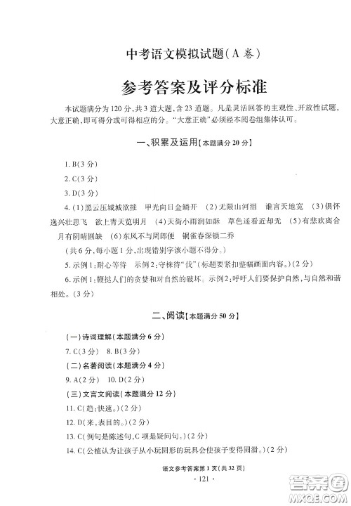 2020一本必胜中考语文模拟试题银版答案 2020一本必胜中考语文模拟试题银版答案