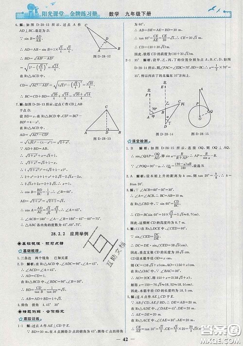 2020新版阳光课堂金牌练习册九年级数学下册人教版答案 2020新版阳光课堂金牌练习册九年级数学下册人教版答案